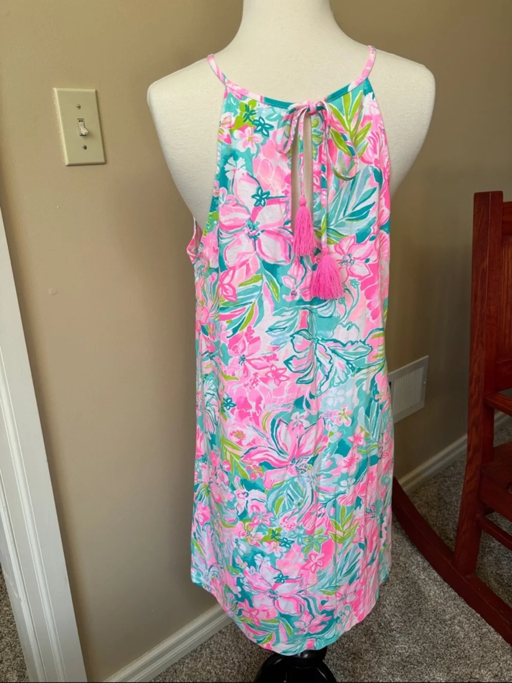 Lilly Pulitzer Pink/Teal Floral Halter A-line Silhouette Knee Length Dress Sz L - Picture 4 of 7